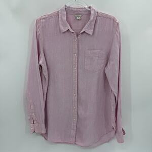 LL BEAN Womens Linen Button Down Shirt Size L Pink Long Sleeve Collared Top